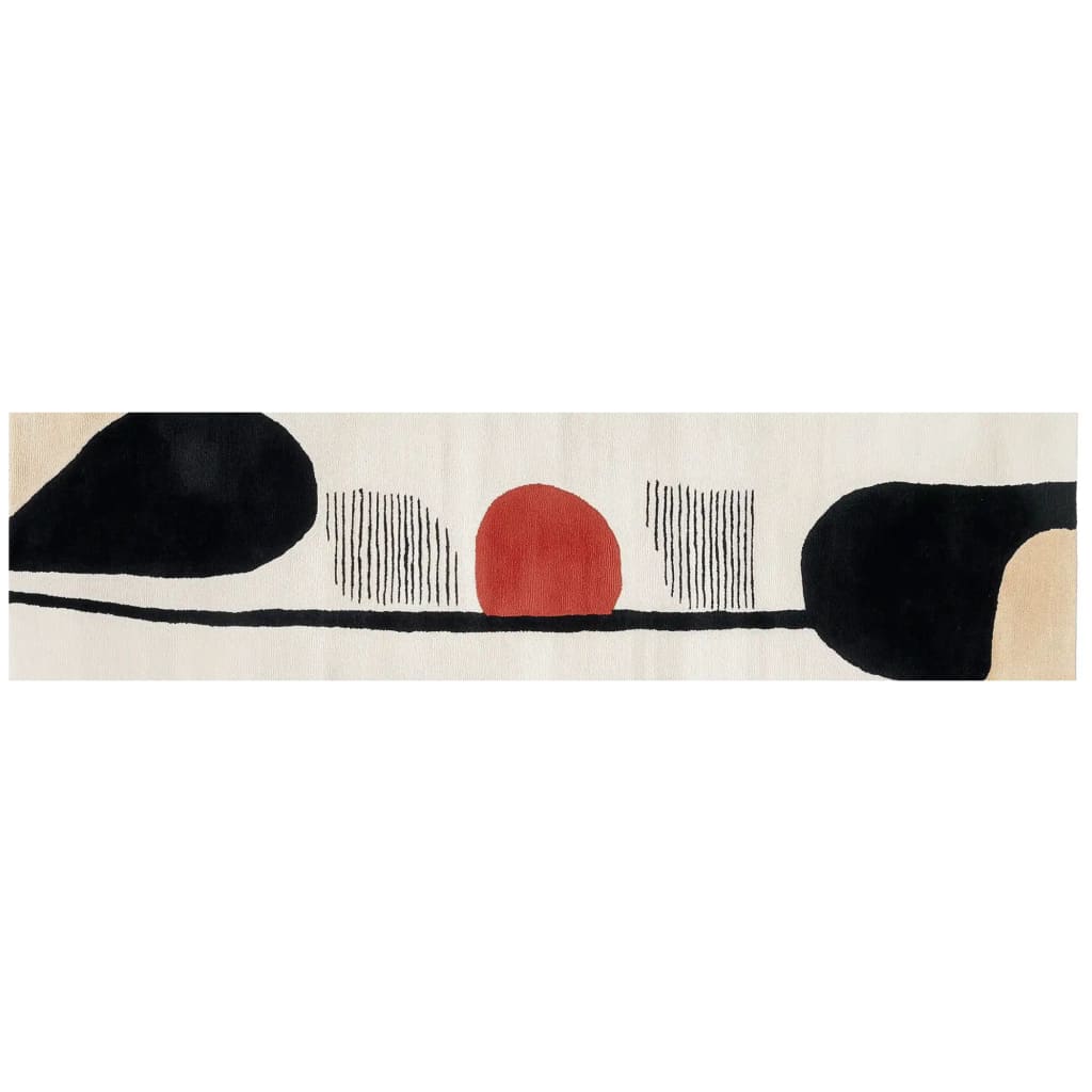 A contemporary runner rug featuring an abstract design in black, red, and beige on a woolen surface. Suitable for kitchen rugs, hallway runner rug, or bathroom runner rug, this hand-tufted wool rug adds a modern touch to any space.