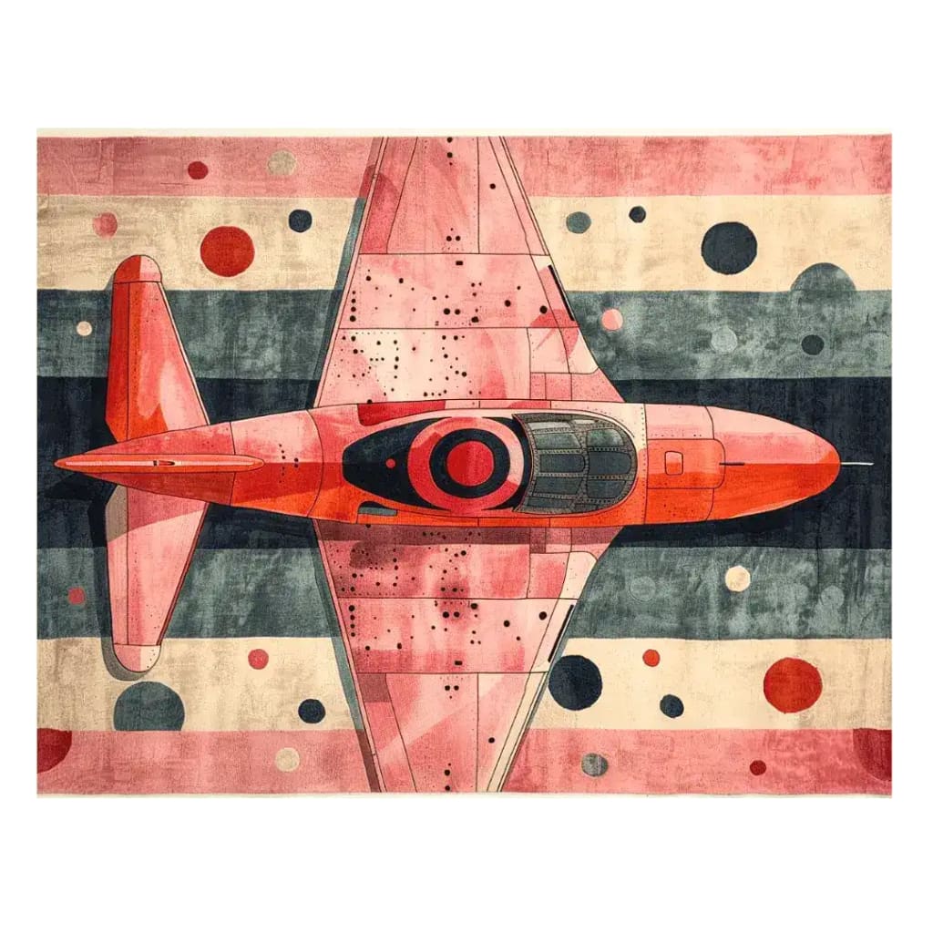 Skybound Strata Hand Tufted Viscose Rug featuring a bold, abstract airplane design in vibrant red and pink tones. Perfect for adding a touch of modern style to your living room area. This contemporary rug is crafted from high-quality wool, making it an ideal choice for those seeking unique rugs for living room spaces.