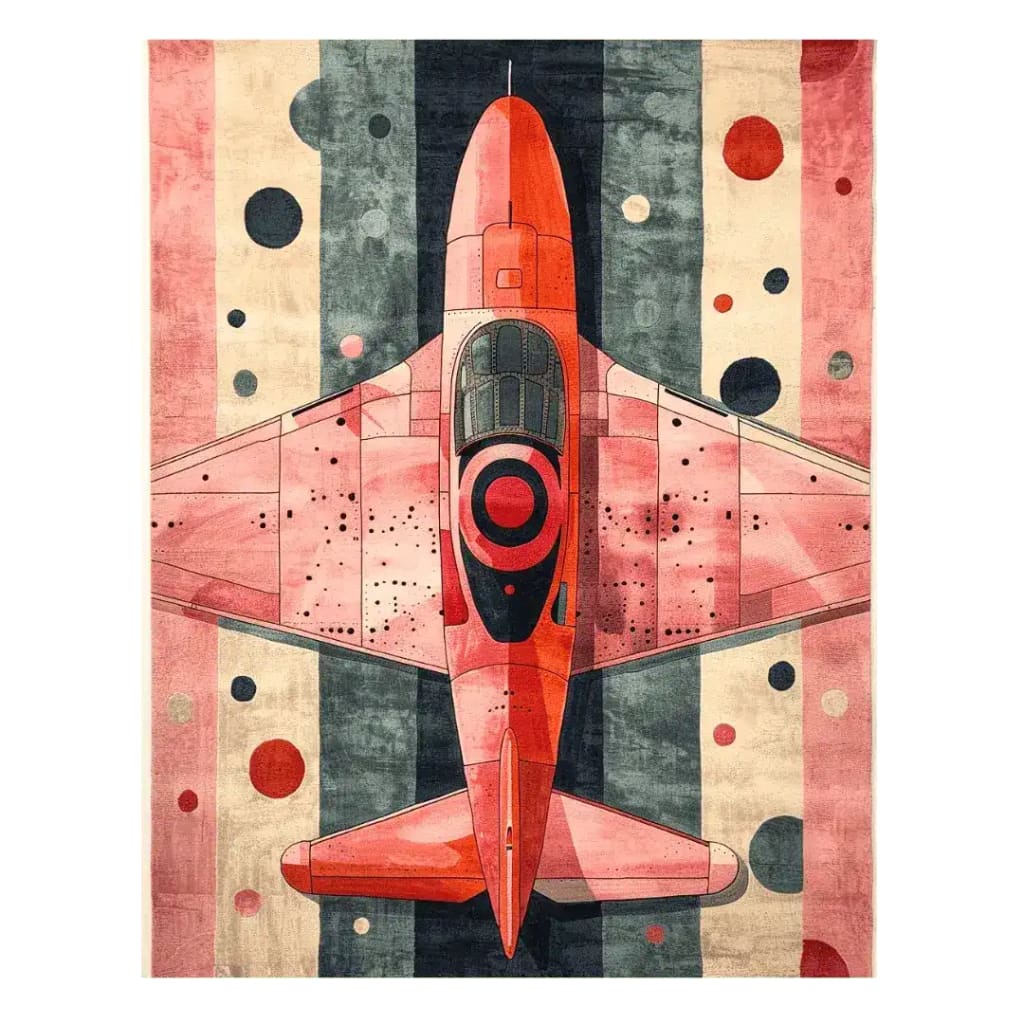 An exquisite area rug showcasing a contemporary design with an airplane motif in vivid red and black hues, set against a backdrop of geometric shapes. Ideal for adding a modern touch to living room area rugs, this wool rug combines style and functionality, making it a standout piece in rugs for living room settings.