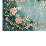 A beautifully crafted area rug with a vibrant floral design on a teal background, showcasing intricate patterns and vivid colors. This wool rug is ideal for adding a touch of elegance to living room spaces, especially in an 8x10 size.