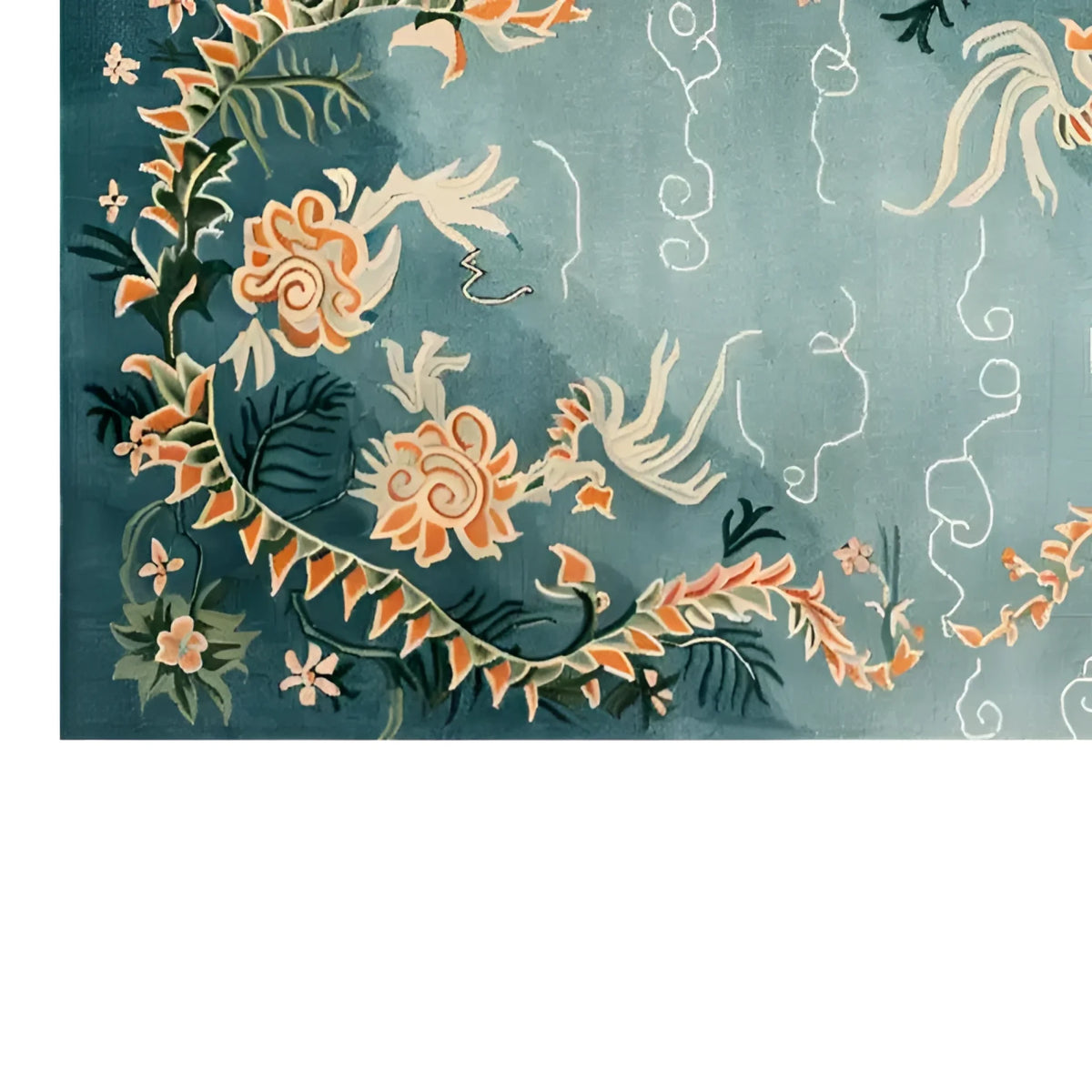 A beautifully crafted area rug with a vibrant floral design on a teal background, showcasing intricate patterns and vivid colors. This wool rug is ideal for adding a touch of elegance to living room spaces, especially in an 8x10 size.