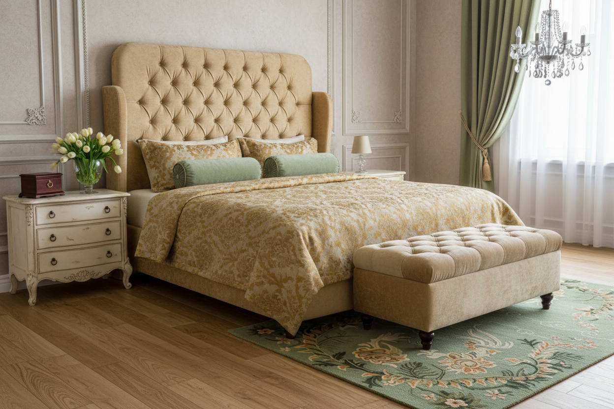 Luxurious bedroom with a large bed, chinoiserie green rug, ottoman, and side table.