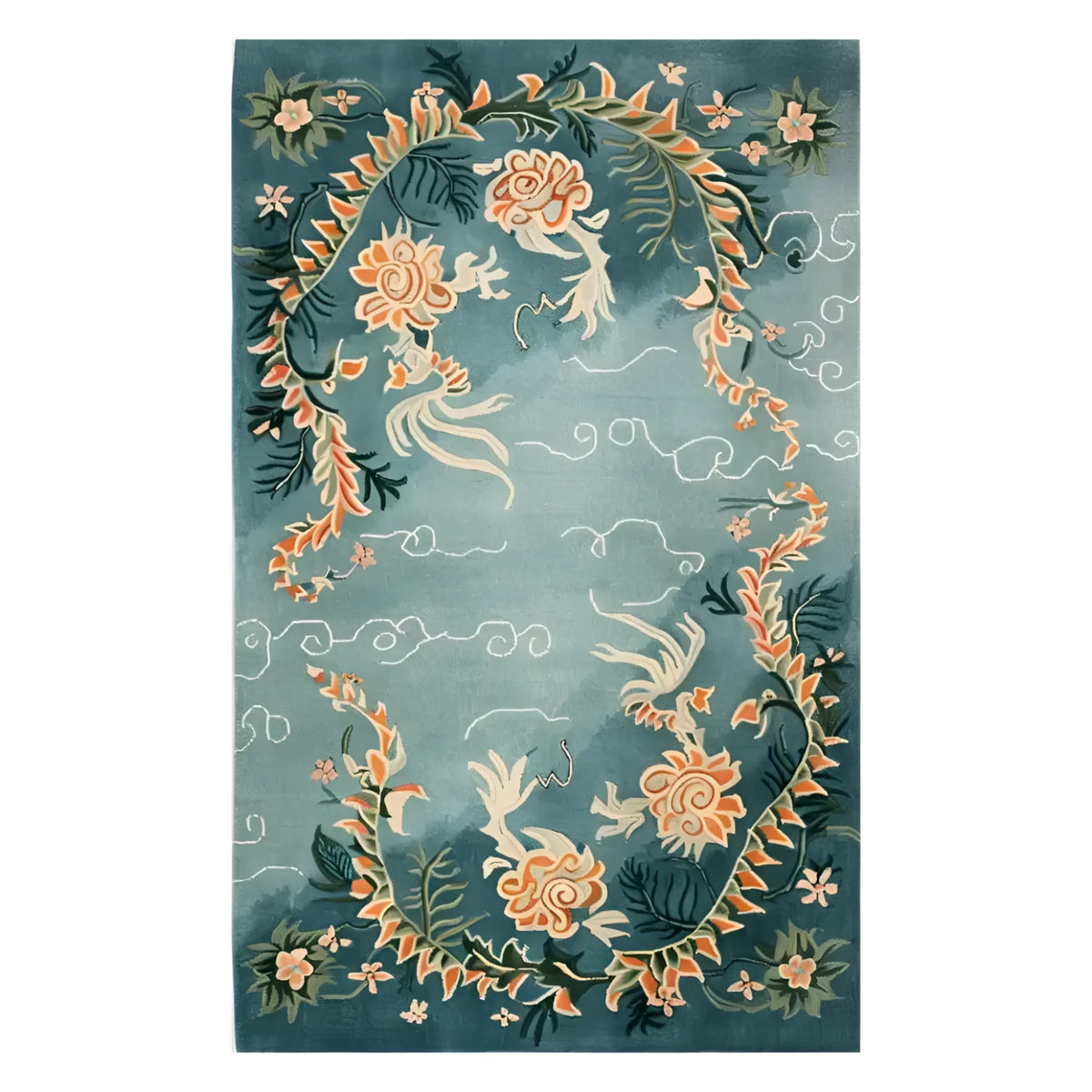 Skyward Blossom Knotted Wool Rug featuring an elegant floral design set against a calming blue background. This 8x10 area rug is perfect for enhancing the living room with its intricate patterns and soft wool texture, making it a standout choice among area rugs for living rooms.