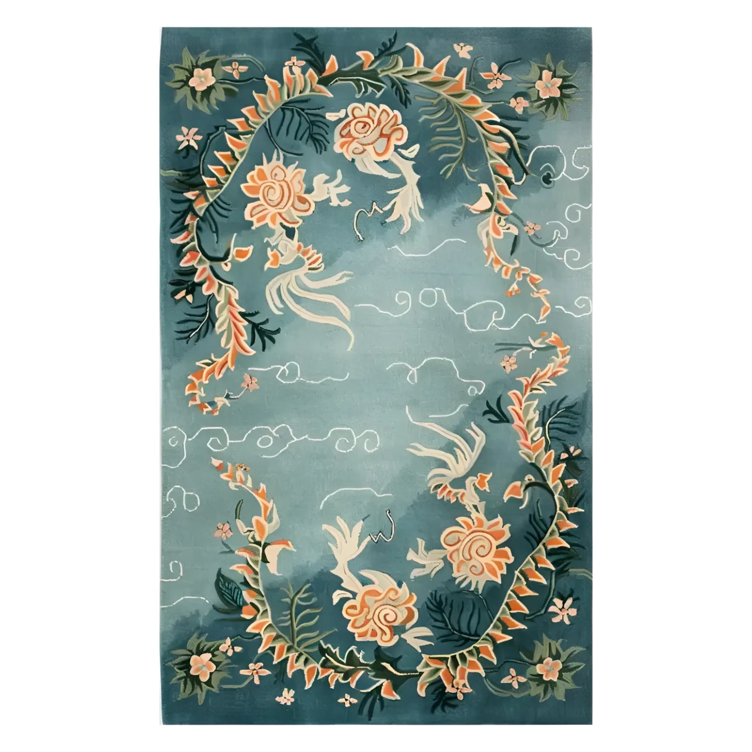 Skyward Blossom Knotted Wool Rug featuring an elegant floral design set against a calming blue background. This 8x10 area rug is perfect for enhancing the living room with its intricate patterns and soft wool texture, making it a standout choice among area rugs for living rooms.