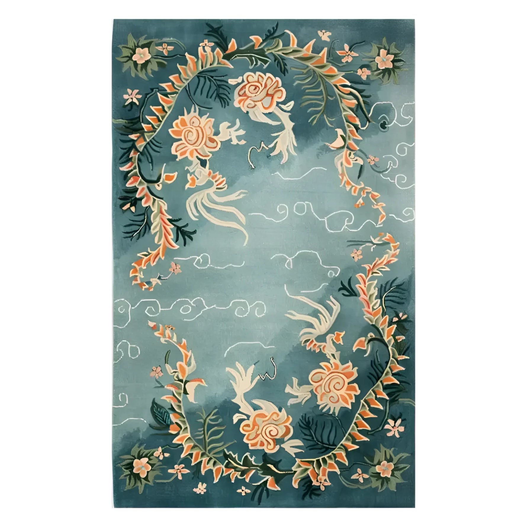 Skyward Blossom Knotted Wool Rug featuring an elegant floral design set against a calming blue background. This 8x10 area rug is perfect for enhancing the living room with its intricate patterns and soft wool texture, making it a standout choice among area rugs for living rooms.