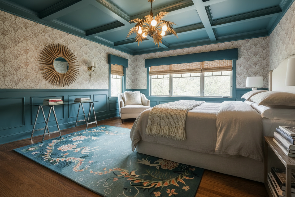 Luxurious bedroom with blue rug, a bed, and decorative elements.