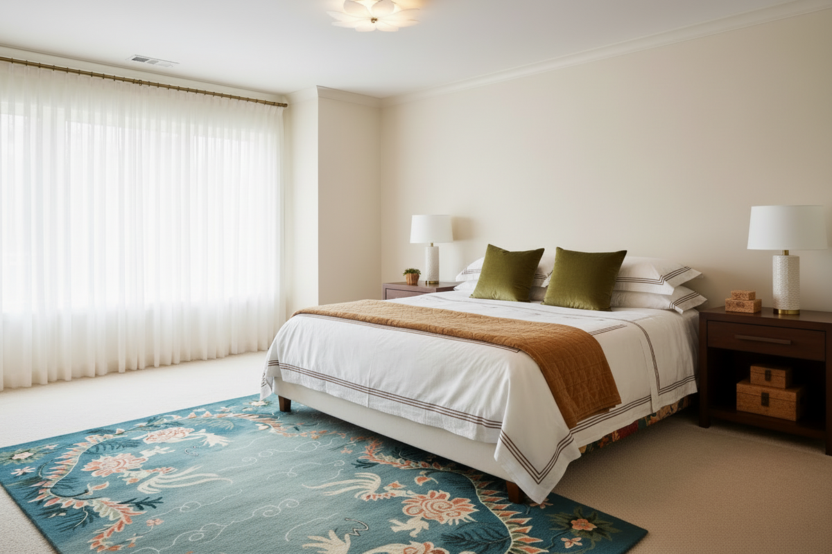 Modern bedroom with a bed, chinoiserie rug, nightstands, and lamps.