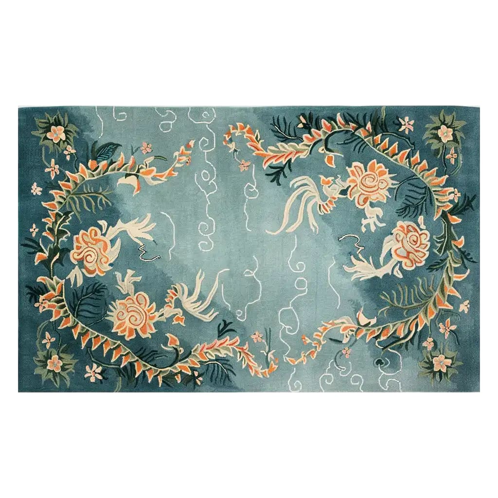 Skyward Blossom Knotted Wool Rug, an elegant area rug featuring intricate floral designs, perfect for adding a touch of sophistication to your living room. This 8x10 wool rug showcases a beautiful blend of colors and patterns, making it an ideal choice for area rugs in living spaces.