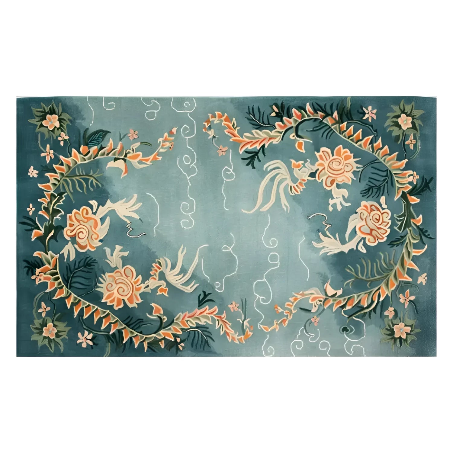 Skyward Blossom Knotted Wool Rug, an elegant area rug featuring intricate floral designs, perfect for adding a touch of sophistication to your living room. This 8x10 wool rug showcases a beautiful blend of colors and patterns, making it an ideal choice for area rugs in living spaces.