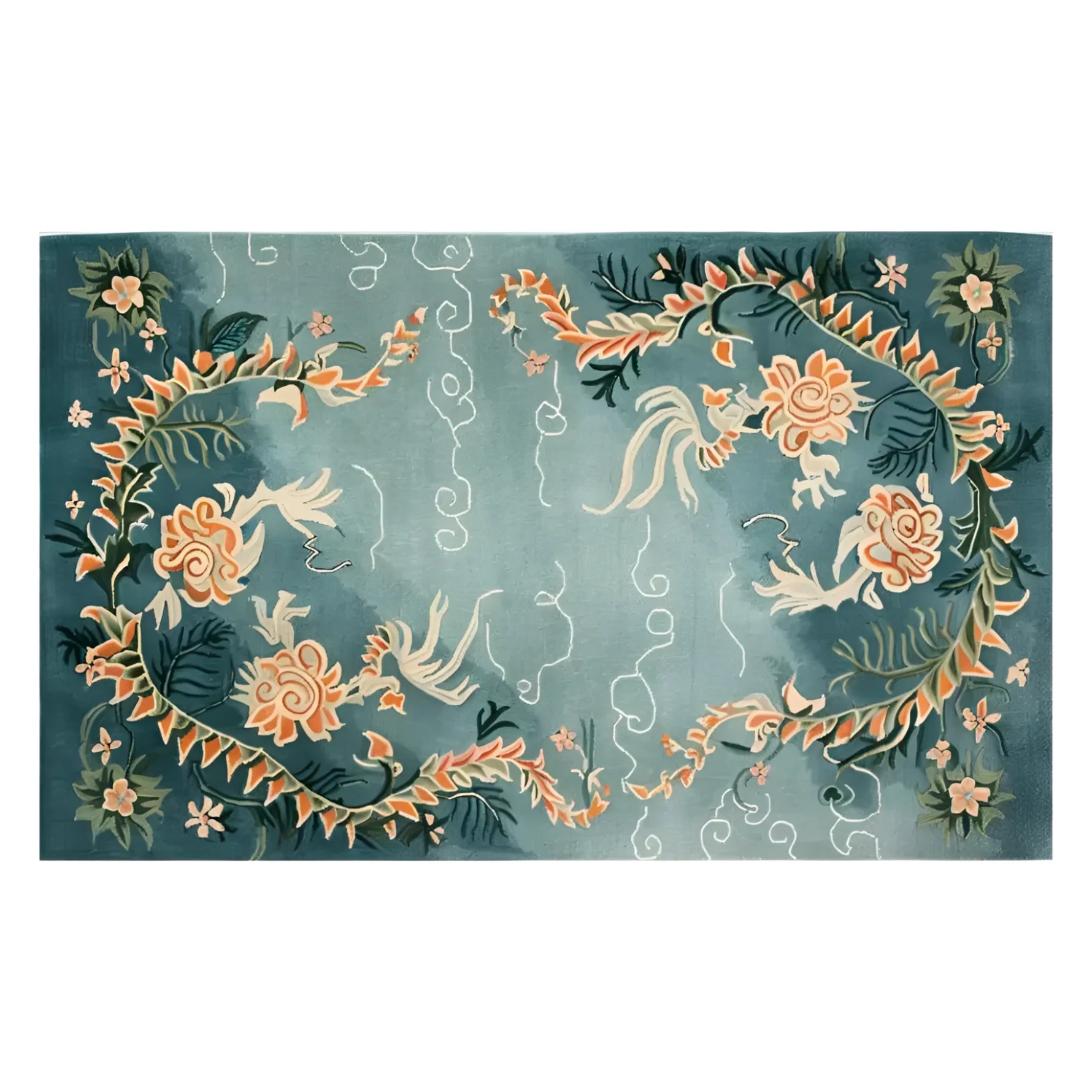 Skyward Blossom Knotted Wool Rug, an elegant area rug featuring intricate floral designs, perfect for adding a touch of sophistication to your living room. This 8x10 wool rug showcases a beautiful blend of colors and patterns, making it an ideal choice for area rugs in living spaces.