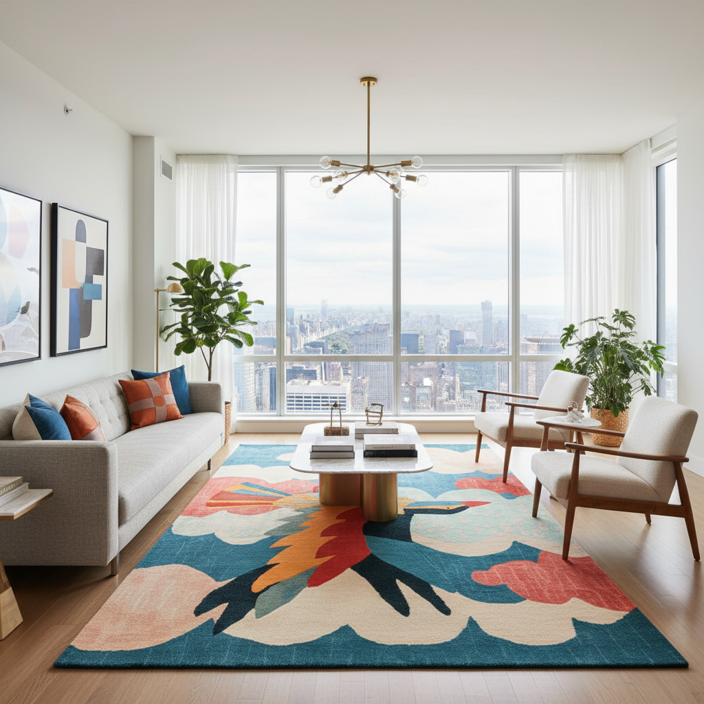 Modern living room with a colorful abstract rug, sofa, and chairs.