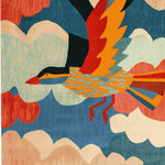 Vibrant abstract design of the Skyward Symphony Hand Tufted Rug featuring a colorful bird soaring across a backdrop of clouds. This wool rug is perfect for adding a bold touch to living room area rugs, enhancing any space with its artistic flair.