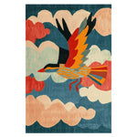 A vibrant area rug featuring an abstract design with a colorful bird in flight against a backdrop of stylized clouds. This wool rug is perfect for adding a touch of artful elegance to living room area rugs. Ideal for those seeking unique area rugs for living room settings.