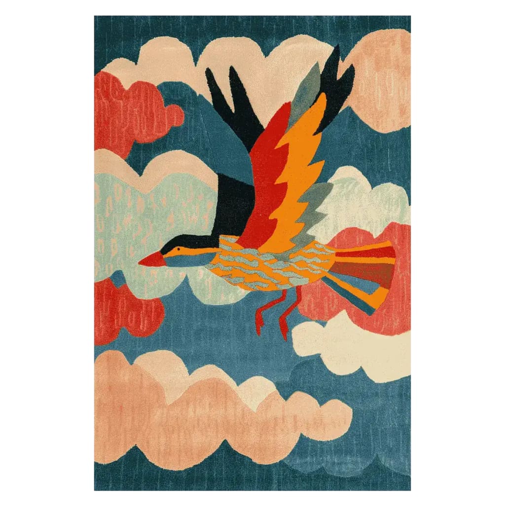 A vibrant area rug featuring an abstract design with a colorful bird in flight against a backdrop of stylized clouds. This wool rug is perfect for adding a touch of artful elegance to living room area rugs. Ideal for those seeking unique area rugs for living room settings.