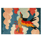 Vibrant and colorful Skyward Symphony Hand Tufted Area Rug featuring an abstract bird design set against a dynamic backdrop of swirling colors. Ideal for adding a touch of artistic flair to living room area rugs, this wool rug combines style with comfort, making it perfect for area rugs for the living room.