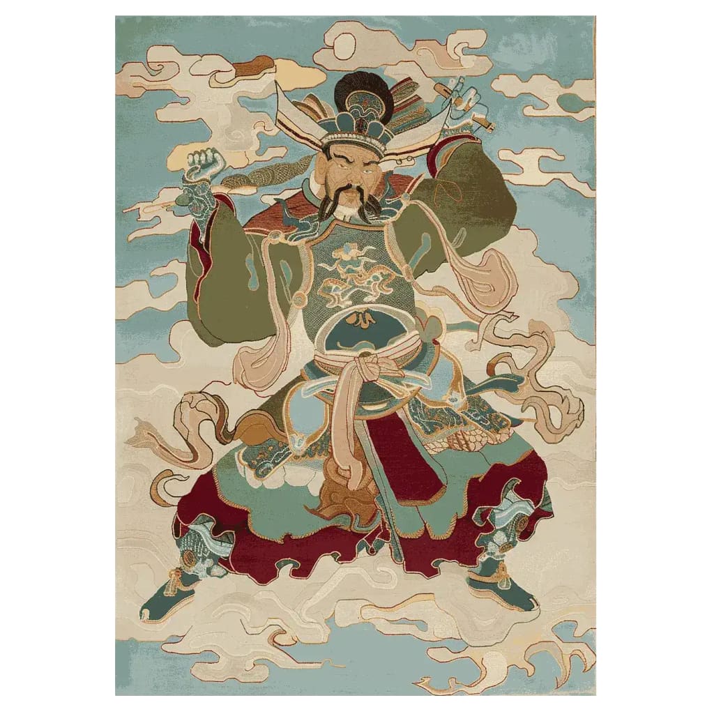 The Skyward Warrior Hand Tufted Area Rug features a vibrant depiction of a warrior against a backdrop of clouds. This wool rug, perfect for living room settings, showcases intricate detailing and bold colors, making it an ideal choice for those seeking living room rugs 8x10 to enhance their space.