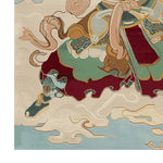 Close-up view of the Skyward Warrior Hand Tufted area rug, showcasing intricate abstract patterns in rich earthy tones. This wool rug is perfect for adding a touch of elegance to living room spaces, especially in an 8x10 size.