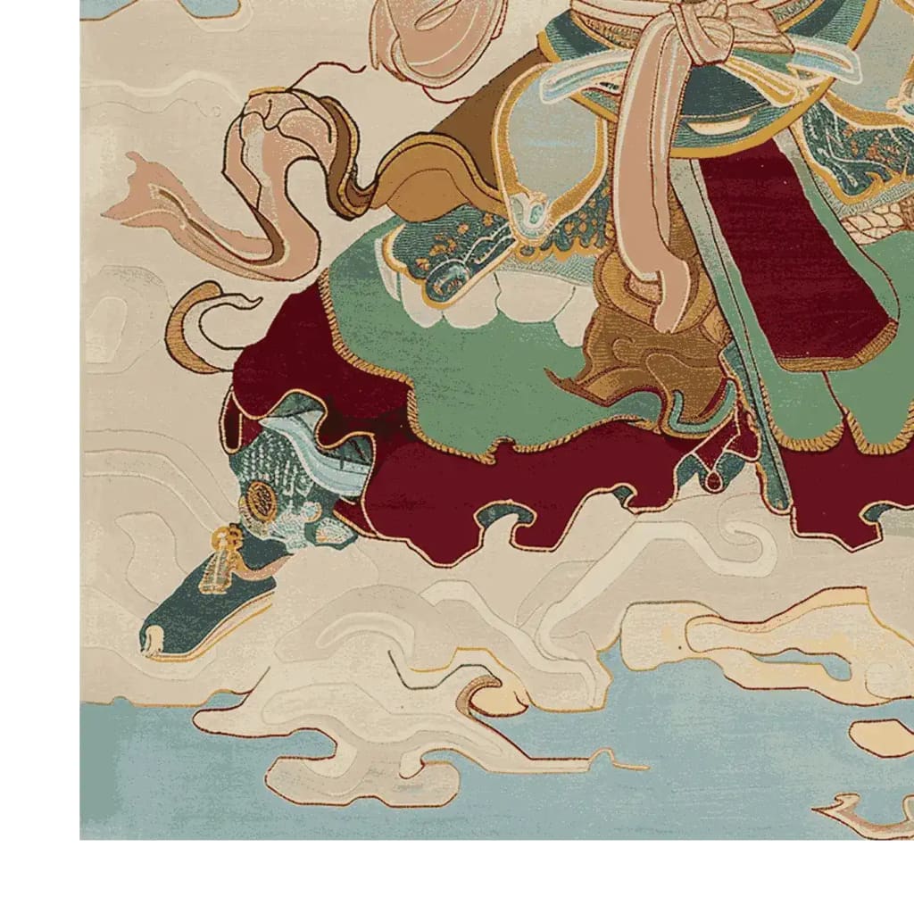 Close-up view of the Skyward Warrior Hand Tufted area rug, showcasing intricate abstract patterns in rich earthy tones. This wool rug is perfect for adding a touch of elegance to living room spaces, especially in an 8x10 size.