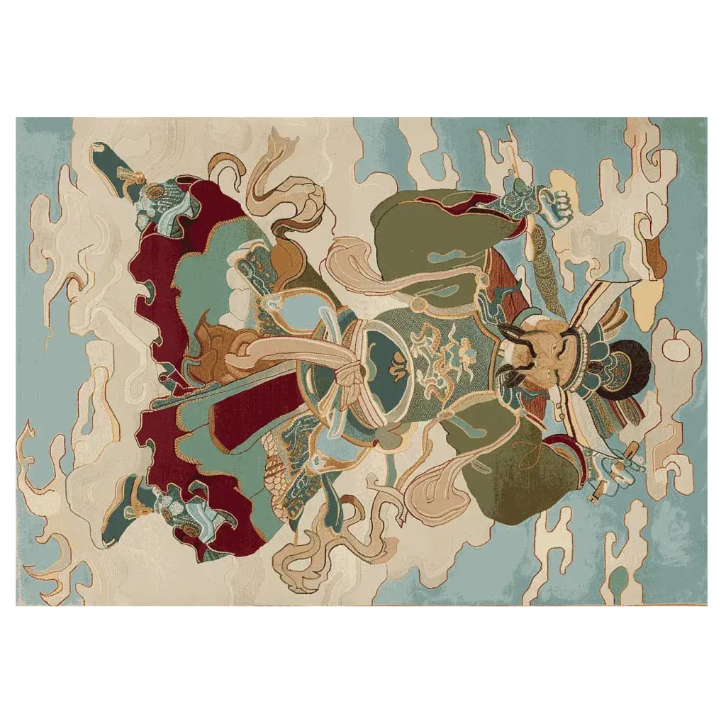 Skyward Warrior Hand Tufted Area Rug featuring an intricate design of a mythical warrior in vibrant shades of blue, red, and beige. This wool rug offers a bold statement for living room rugs 8x10, perfect for adding an artistic touch to any area rugs for living room.