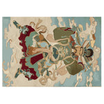 Skyward Warrior Hand Tufted Area Rug featuring an intricate design of a mythical warrior in vibrant shades of blue, red, and beige. This wool rug offers a bold statement for living room rugs 8x10, perfect for adding an artistic touch to any area rugs for living room.