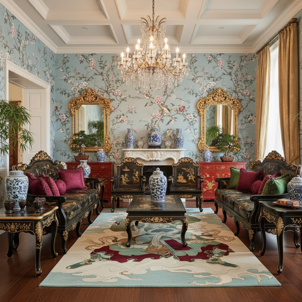 Luxurious living room with floral wallpaper, chinoiserie rug, ornate furniture, and a chandelier.