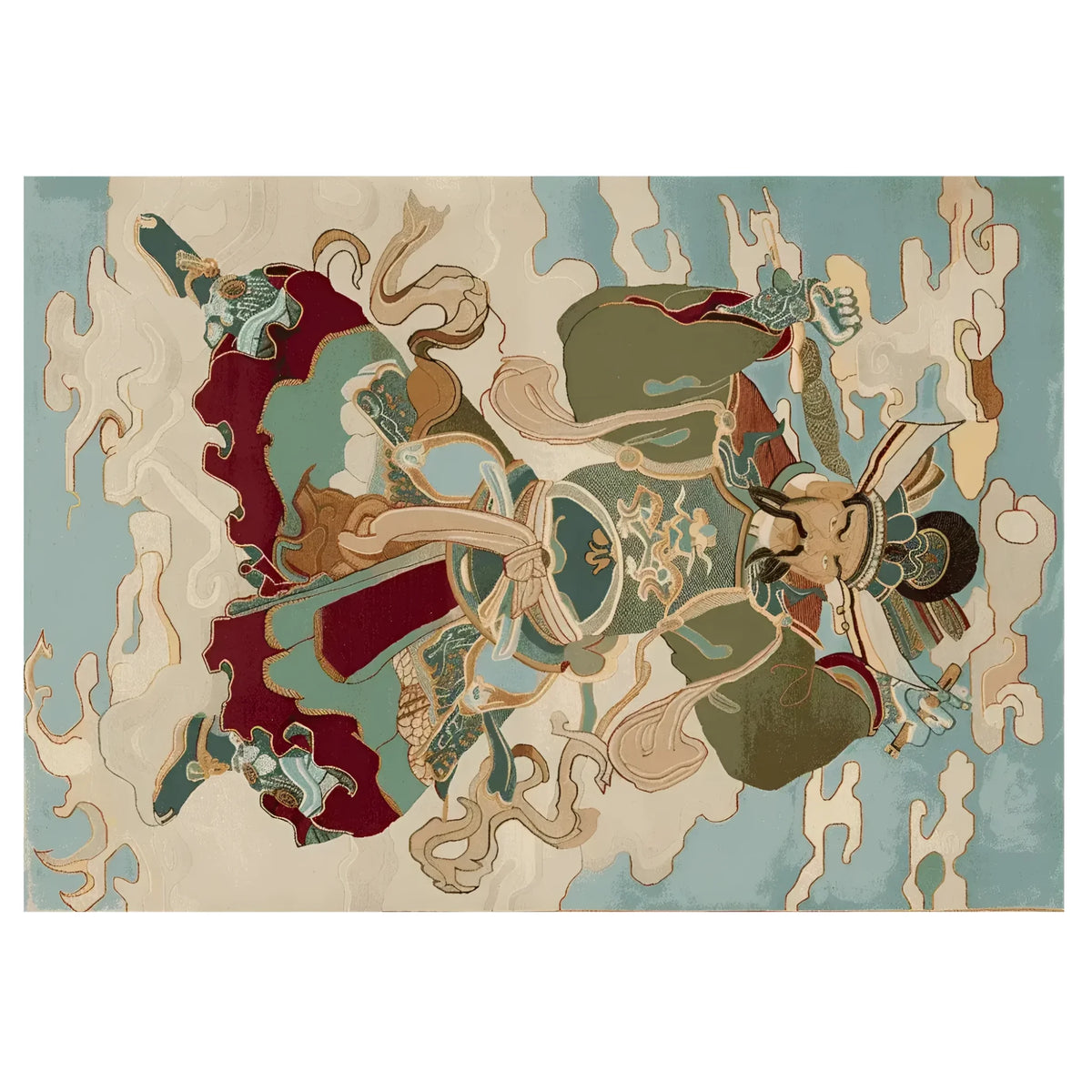 Skyward Warrior Hand Tufted Area Rug featuring an intricate design of a mythical warrior in vibrant shades of blue, red, and beige. This wool rug offers a bold statement for living room rugs 8x10, perfect for adding an artistic touch to any area rugs for living room.