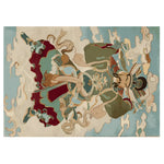 Skyward Warrior Hand Tufted Area Rug featuring an intricate design of a mythical warrior in vibrant shades of blue, red, and beige. This wool rug offers a bold statement for living room rugs 8x10, perfect for adding an artistic touch to any area rugs for living room.