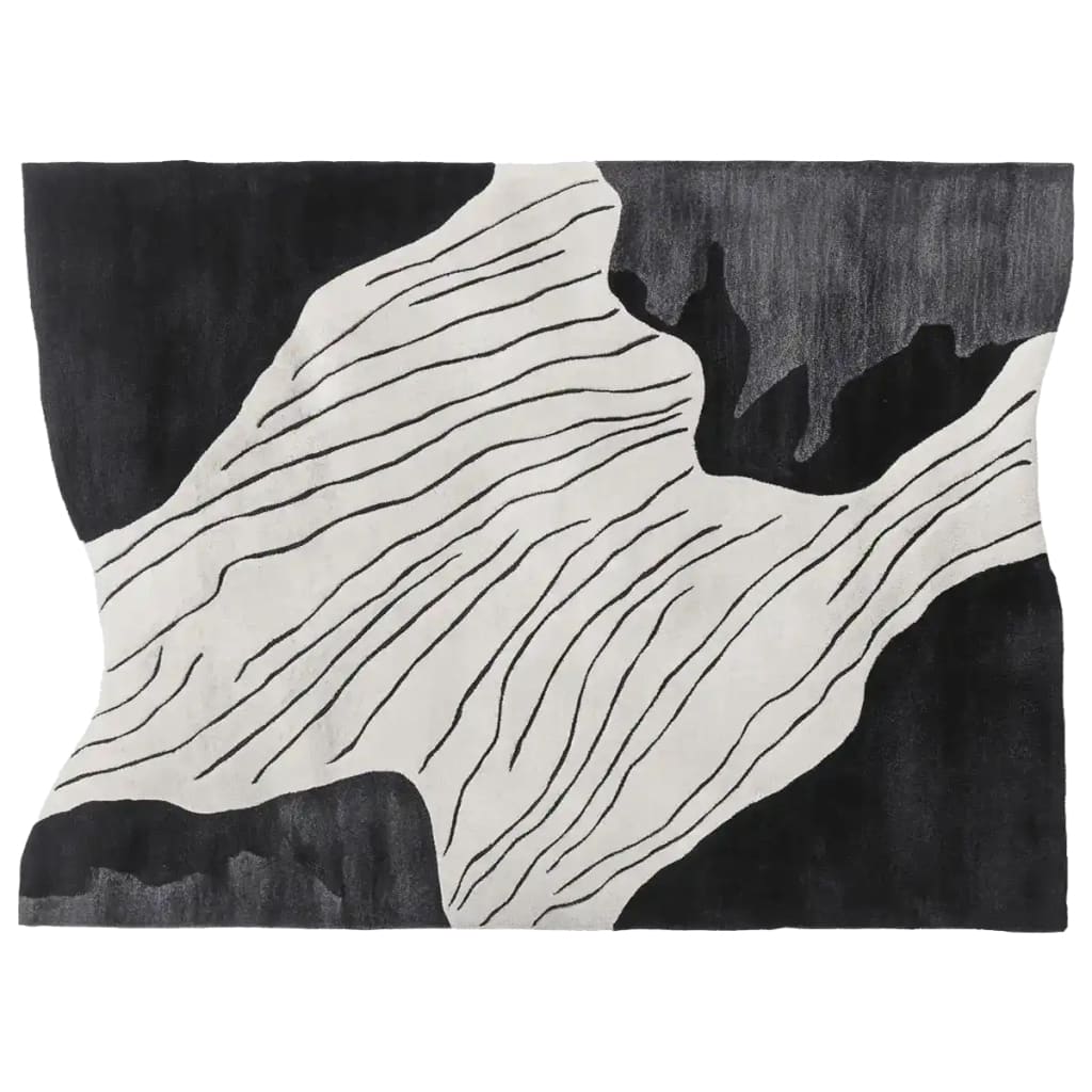 Top view of the Slate Canyon Drift Hand Tufted Area Rug, featuring an abstract design with flowing black and white patterns. This contemporary wool rug is perfect for adding a modern touch to living room spaces, especially in an 8x10 size. Ideal for those seeking stylish area rugs for the living room.