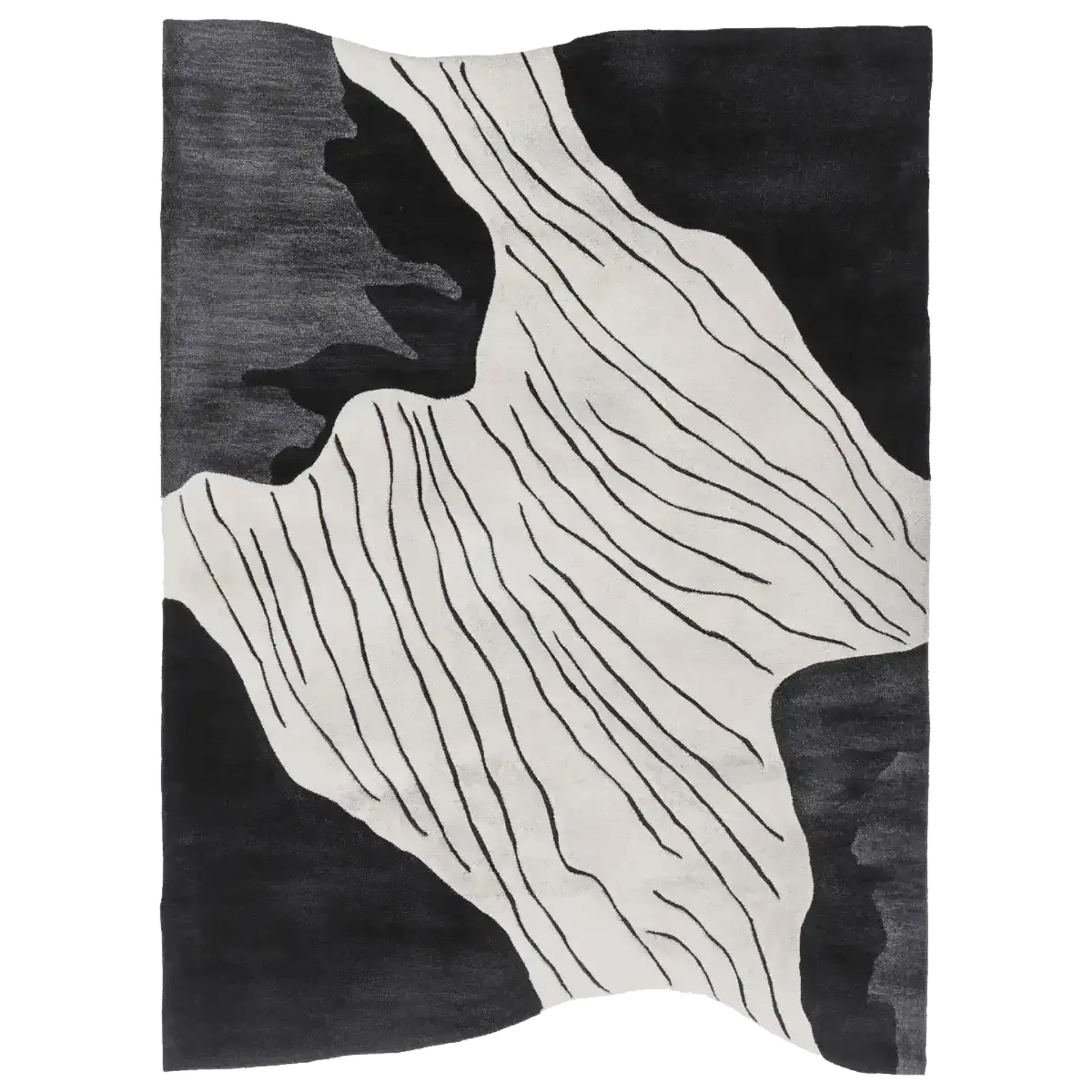 Top-down view of the Slate Canyon Drift Hand Tufted Area Rug, showcasing its contemporary design with black and white abstract patterns. This wool rug is ideal for those seeking modern living room rugs in an 8x10 size, perfect as an area rug for living room spaces.
