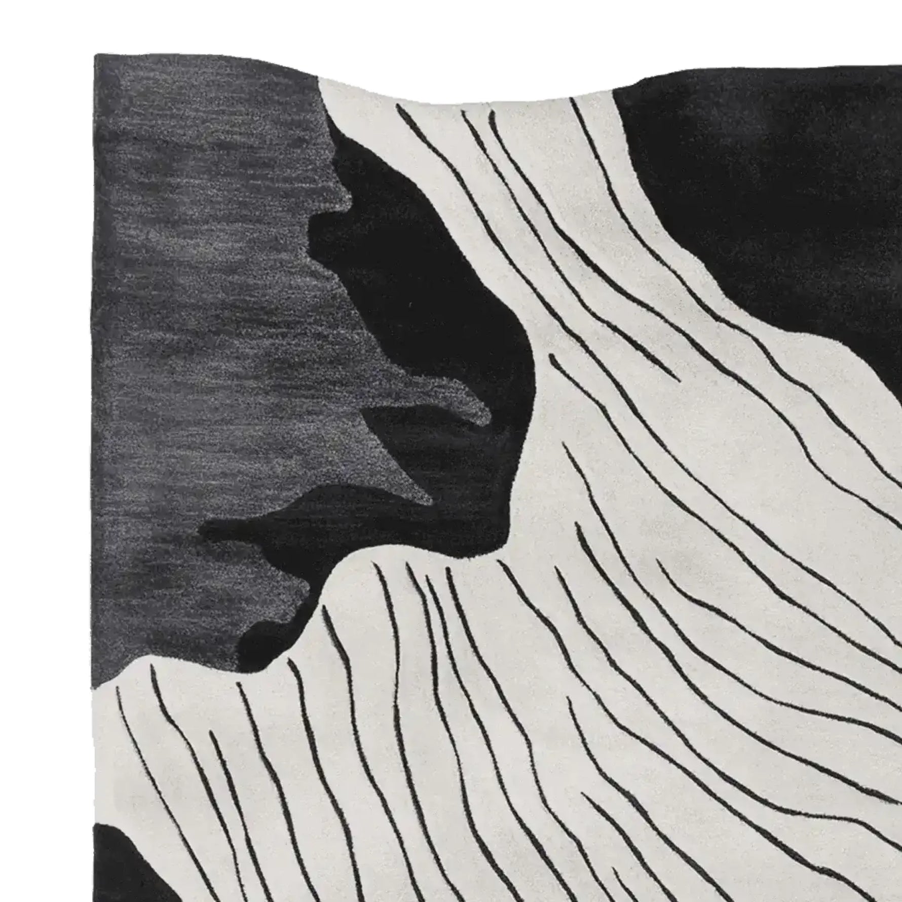 Close-up view of the Slate Canyon Drift Hand Tufted Rug, featuring an abstract black and white design that adds a contemporary flair to any space. This wool area rug, perfect for living rooms, measures 8x10 and showcases intricate patterns ideal for modern interiors.
