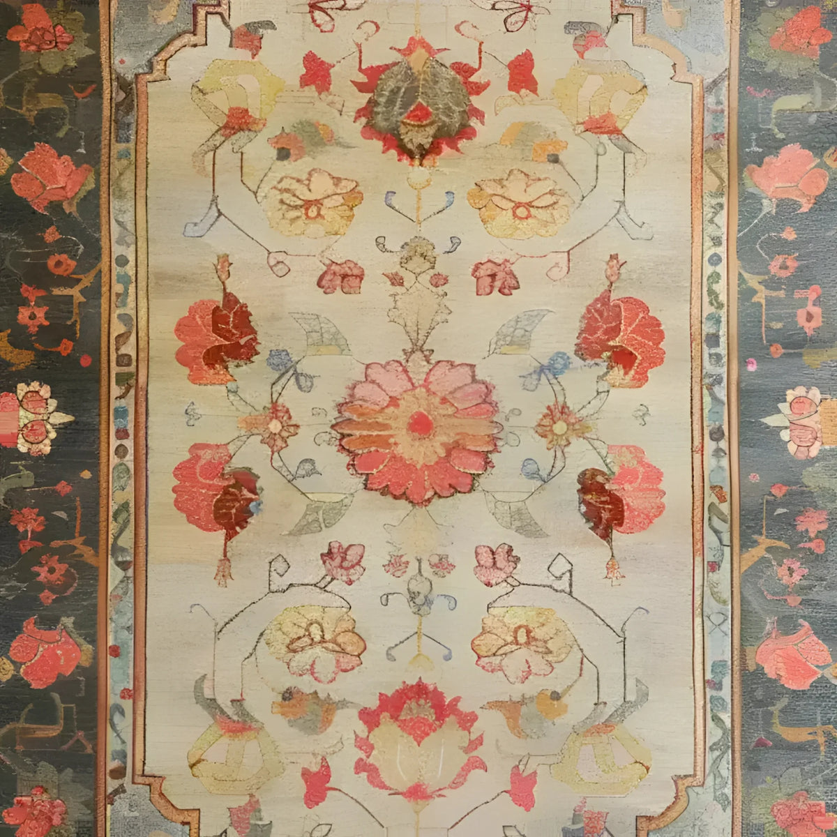A beautifully crafted area rug with intricate floral designs, perfect for a large living room. This hand-knotted Persian rug features vibrant reds, yellows, and blues, creating an elegant and inviting atmosphere. Ideal for those seeking a floral rug in an 8x10 size.