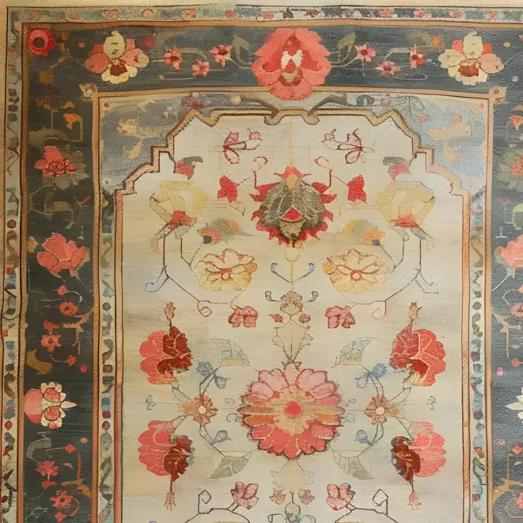 This image showcases the 'Sleek Floral Expression Hand Knotted Area Rug', perfect for large living rooms. The rug features an intricate floral design with vibrant hues of red, pink, and gold against a subtle background. Ideal as an 8x10 living room rug, this Persian-inspired floral rug adds elegance and charm to any space.