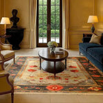 A beautifully styled living room featuring a Sleek Floral Expression Hand Knotted Area Rug. The 8x10 Persian rug enhances the elegance of the space with its intricate floral patterns in rich colors, perfect for large living rooms. The rug complements the classic furniture and warm lighting, creating a cozy and inviting atmosphere.