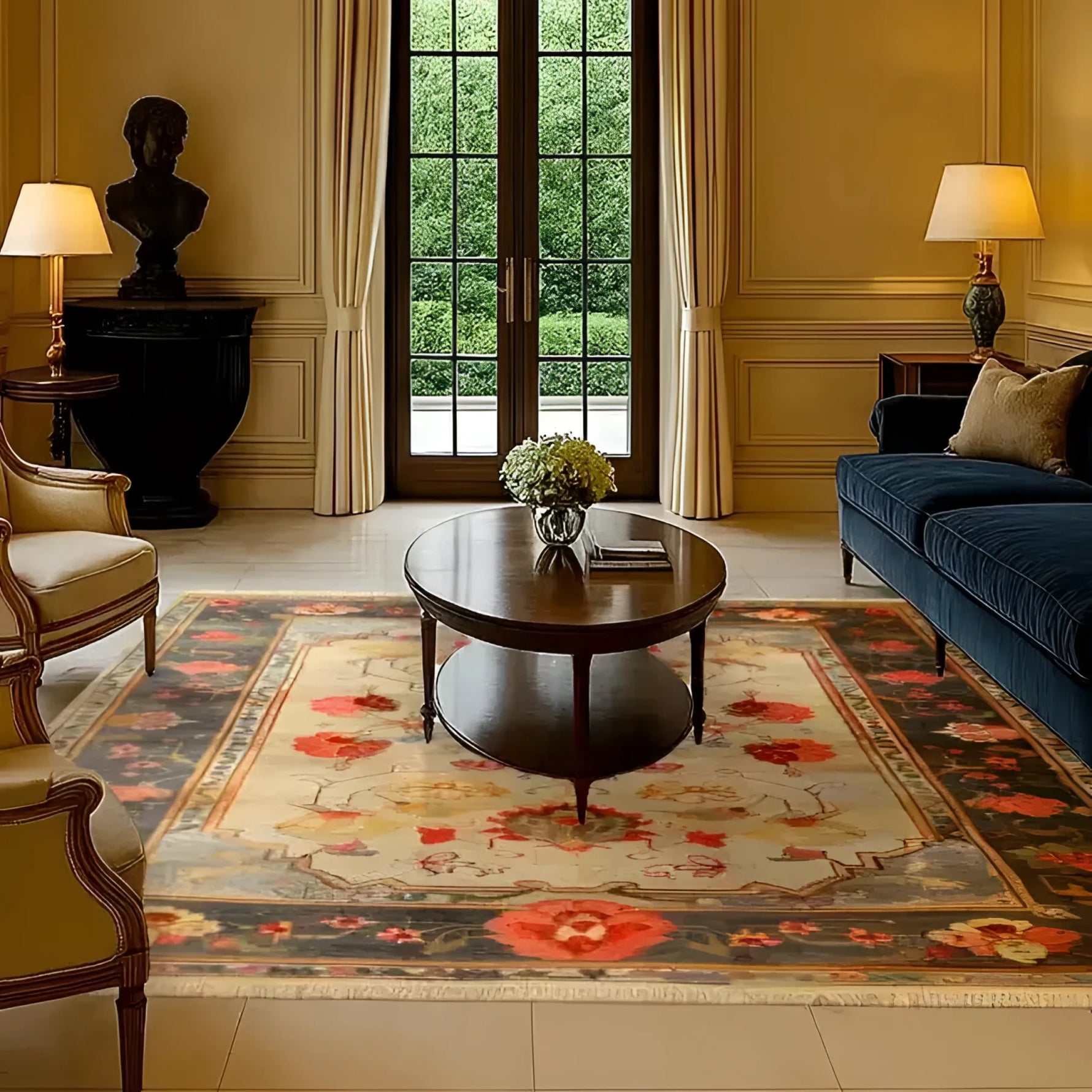 A beautifully styled living room featuring a Sleek Floral Expression Hand Knotted Area Rug. The 8x10 Persian rug enhances the elegance of the space with its intricate floral patterns in rich colors, perfect for large living rooms. The rug complements the classic furniture and warm lighting, creating a cozy and inviting atmosphere.