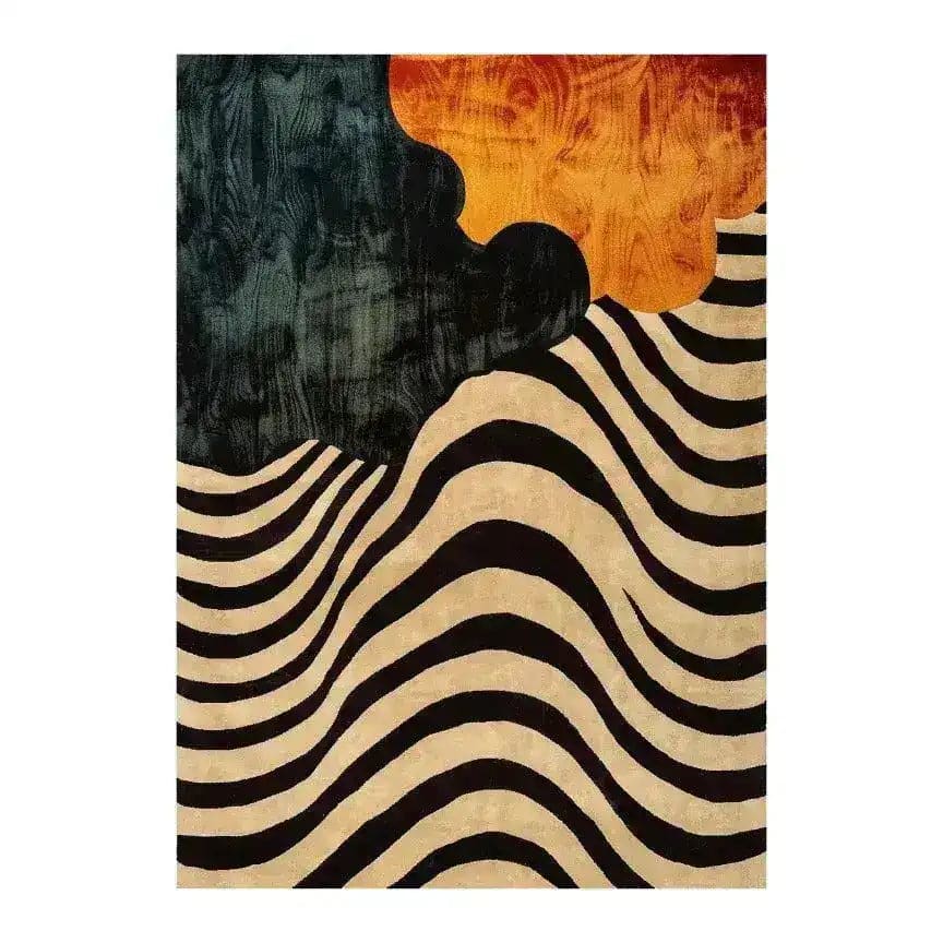 A contemporary area rug featuring sleek, wavy black stripes against a beige background, with abstract black and orange cloud-like patterns at the top. Perfect for dining rooms or offices, this tufted wool rug adds a modern touch to any space.