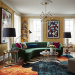 Modern living room with a green sofa, colorful rug, and abstract art on the walls.