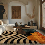 A contemporary wool area rug with sleek stripes in a dining room setting. The rug features a bold abstract design in black, beige, and orange hues, adding a modern touch to the space. Complemented by a minimalist wooden coffee table and neutral-toned decor, this sophisticated rug enhances the elegance of the office area.