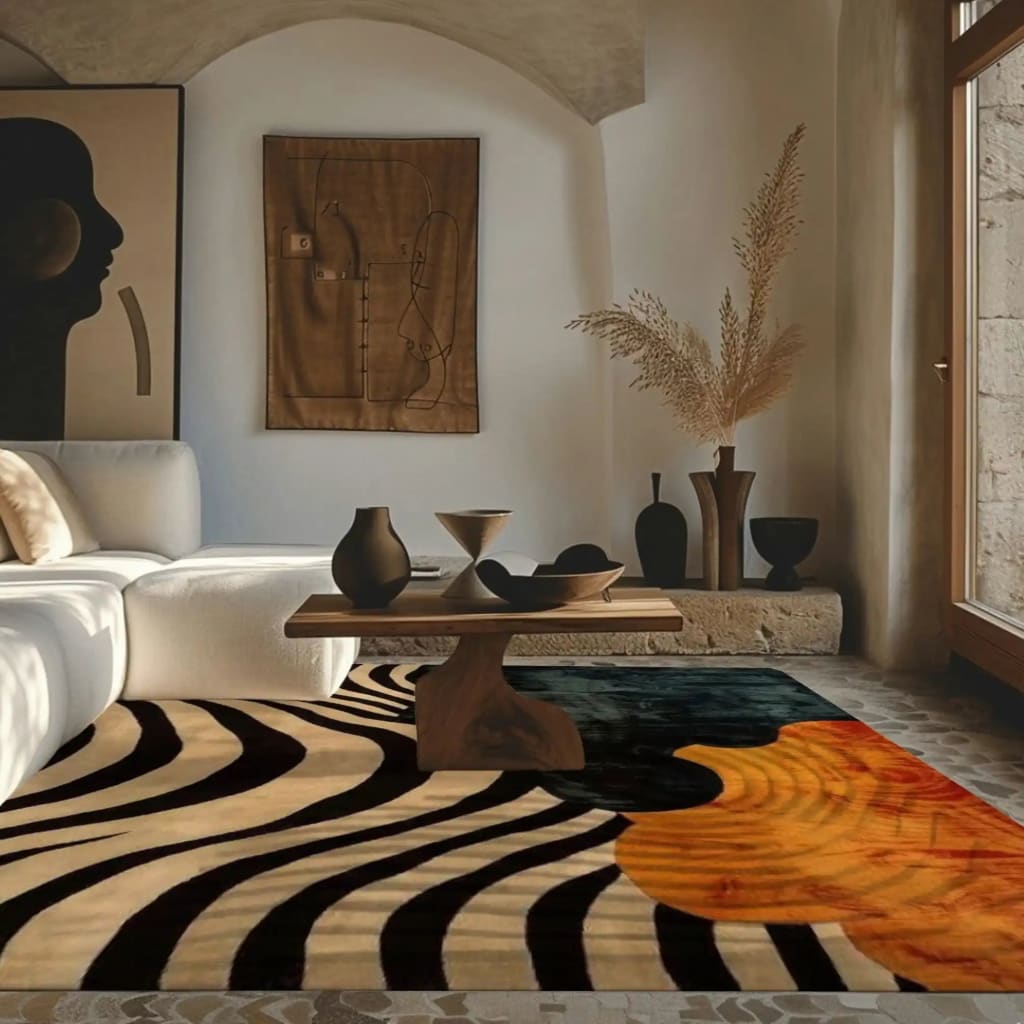 A contemporary wool area rug with sleek stripes in a dining room setting. The rug features a bold abstract design in black, beige, and orange hues, adding a modern touch to the space. Complemented by a minimalist wooden coffee table and neutral-toned decor, this sophisticated rug enhances the elegance of the office area.