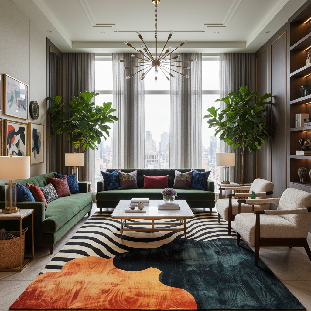 Modern living room with green sofas, a coffee table, a contemporary designer wool rug, and decorative elements.