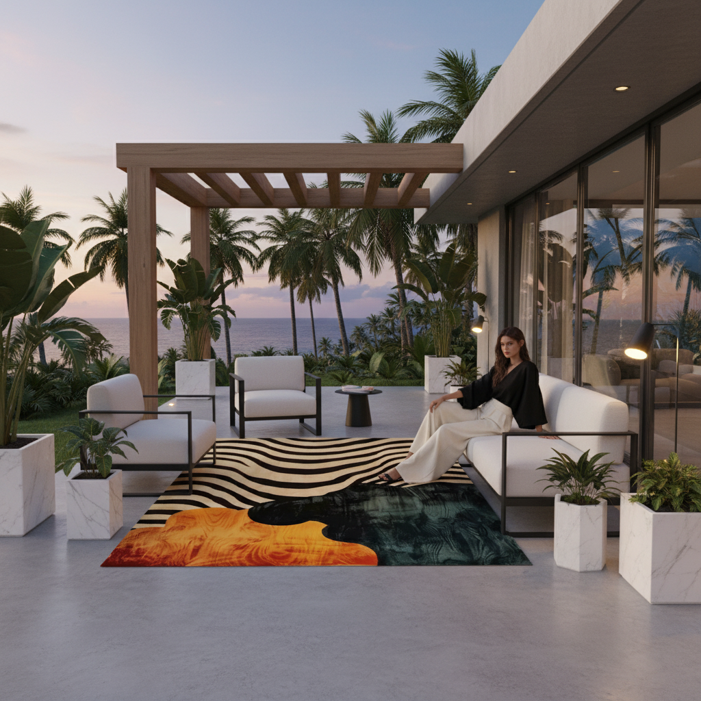 a woman sitting outside patio with contemporary wool rug and high end funitiure