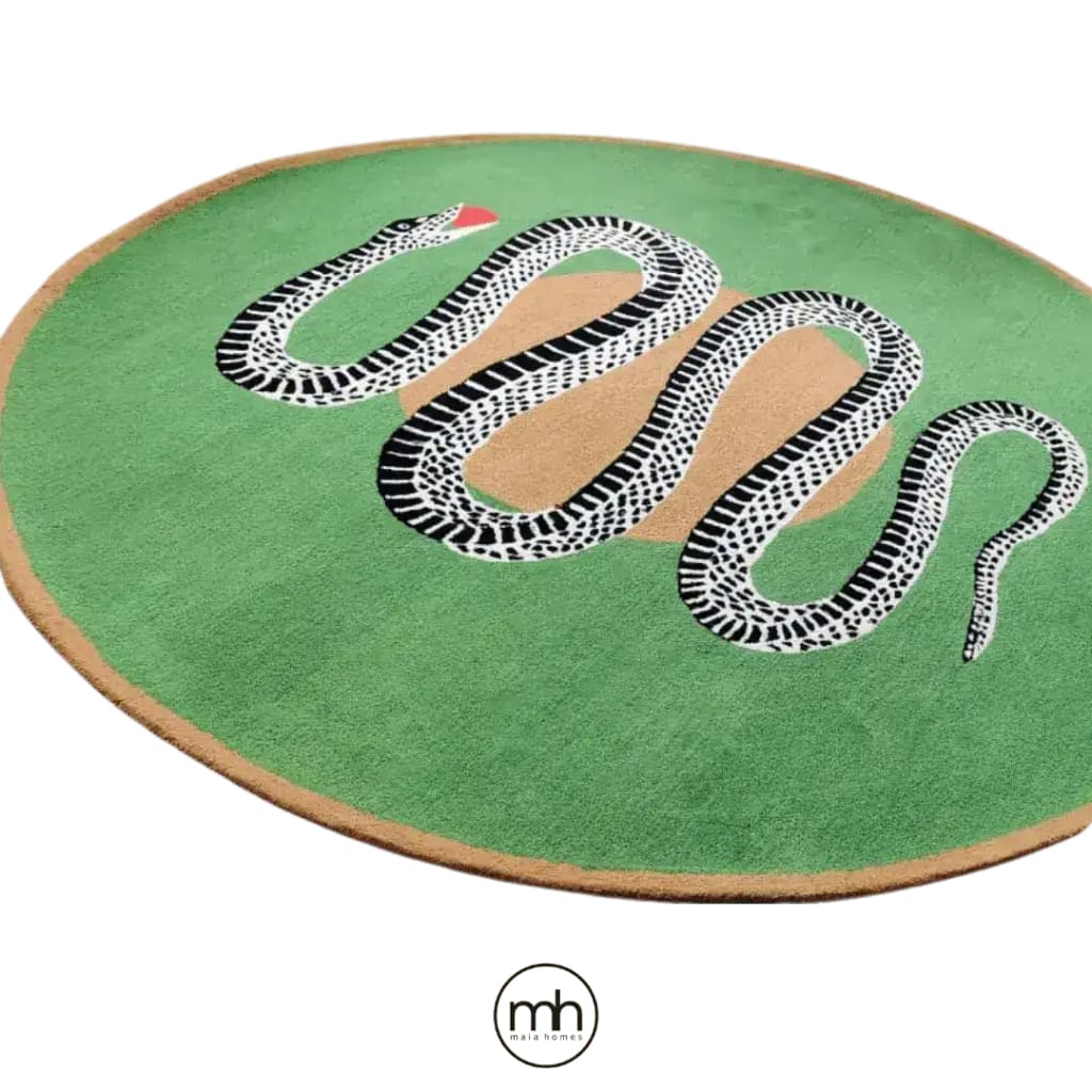 A vibrant round wool rug featuring an artistic design of a black and white snake on a lush green background, perfect for adding a bold statement to a dining room. This hand-tufted area rug combines style and functionality, ideal for formal dining room settings or as a striking centerpiece among large area rugs.