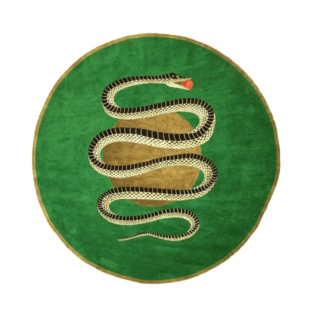 A stunning round area rug featuring a bold snake design against a rich green backdrop, perfect for enhancing any dining room. This wool rug combines luxury and style, making it an ideal choice for large area and formal dining room settings.