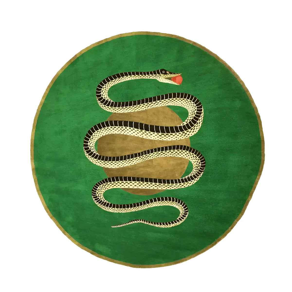 A stunning round area rug featuring a bold snake design against a rich green backdrop, perfect for enhancing any dining room. This wool rug combines luxury and style, making it an ideal choice for large area and formal dining room settings.