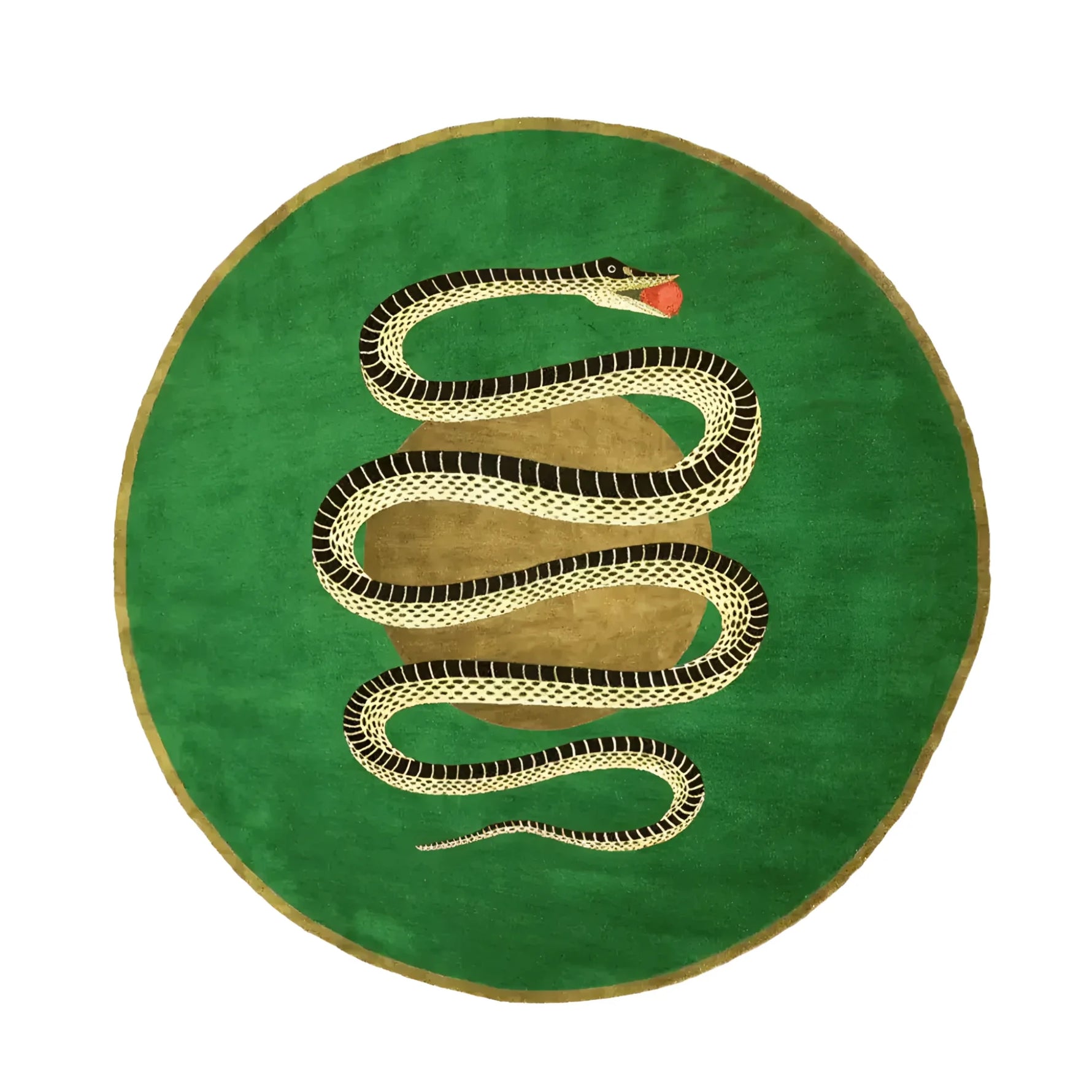 A stunning round area rug featuring a bold snake design against a rich green backdrop, perfect for enhancing any dining room. This wool rug combines luxury and style, making it an ideal choice for large area and formal dining room settings.