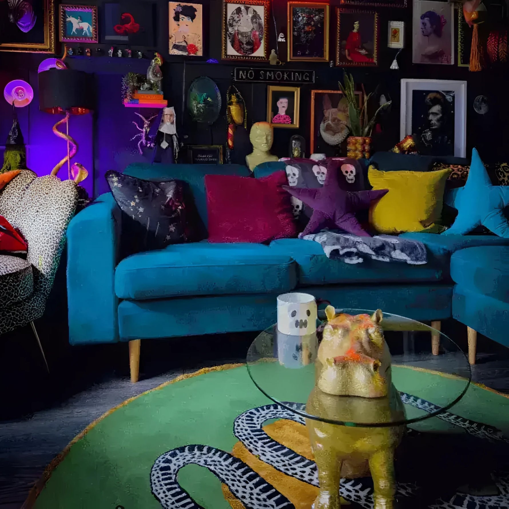 Cozy living room featuring a vibrant blue sofa adorned with colorful pillows and a unique Snake and Apple Round Hand Tufted Wool Rug. The round rug adds a playful touch to the space, perfect for those looking for stylish living room area rugs. This wool rug beautifully complements the eclectic decor with its artistic snake design, creating an inviting atmosphere.