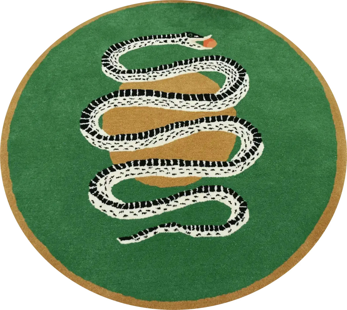 A vibrant round wool rug showcasing a striking snake and apple design on a lush green background. Perfect for a dining room, this large area rug blends bold style with functionality, ideal for formal dining room settings.