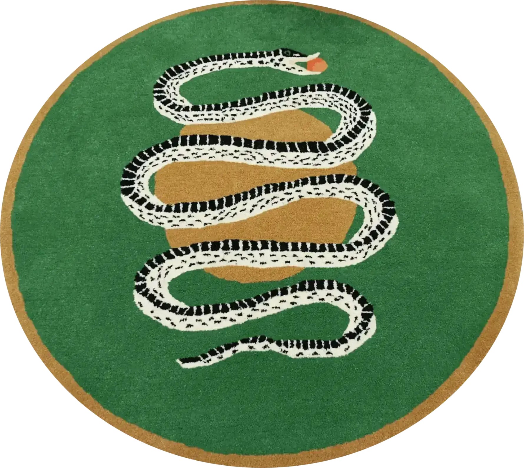A vibrant round wool rug showcasing a striking snake and apple design on a lush green background. Perfect for a dining room, this large area rug blends bold style with functionality, ideal for formal dining room settings.