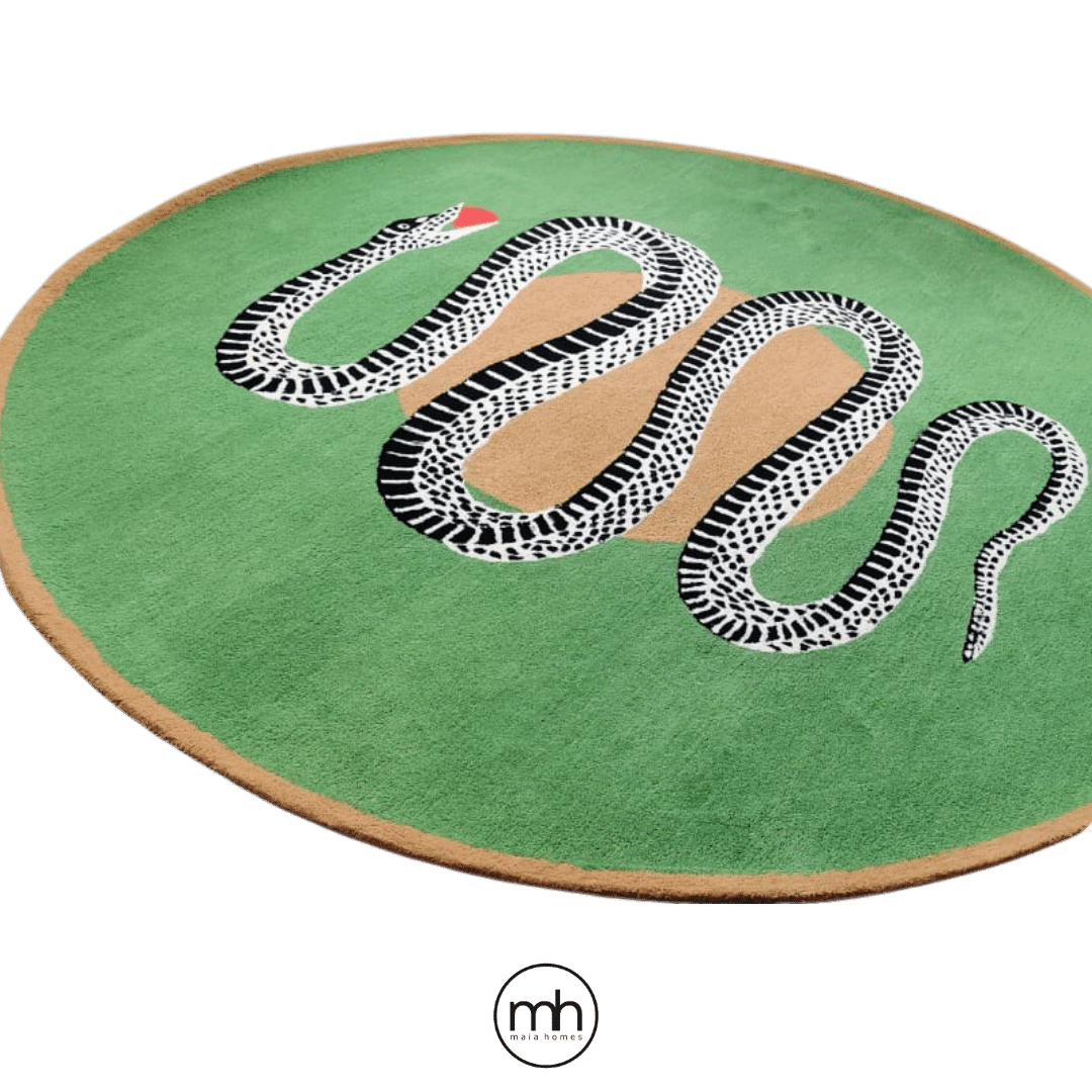 Snake and Apple Green Gold Round Hand Tufted Wool Rug - MAIA HOMES