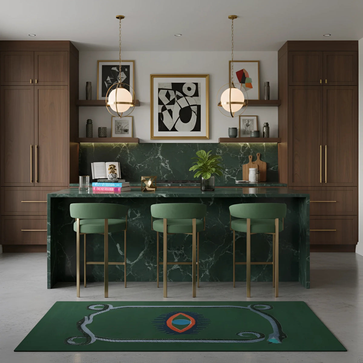 Modern kitchen with green marble island and bar stools, featuring abstract art on the wall.