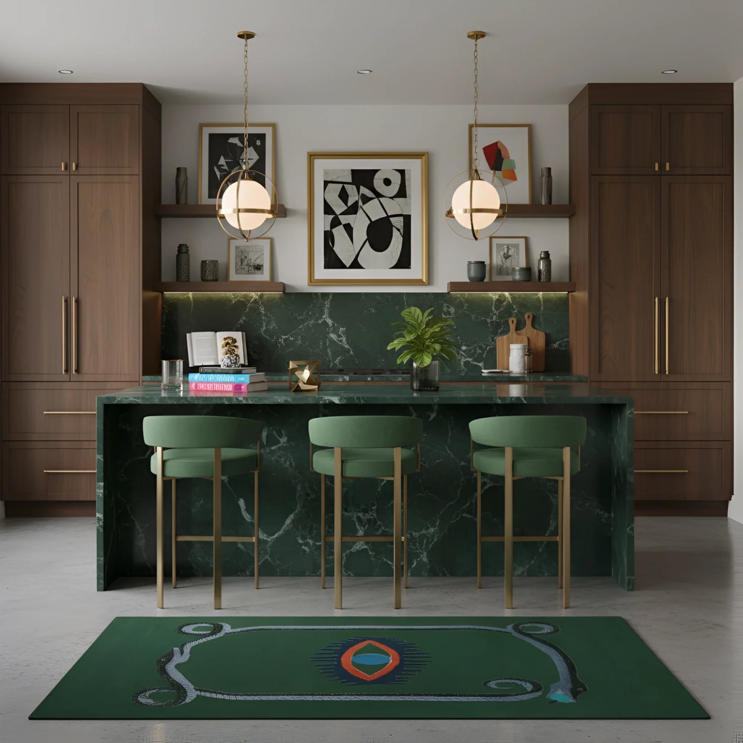 Modern kitchen with green marble island and bar stools, featuring abstract art on the wall.
